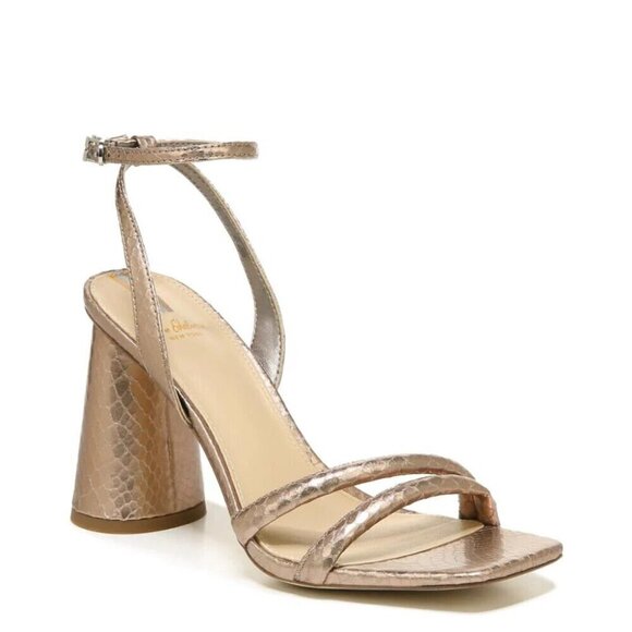 SAM Edelman "Kia" pewter metallic block heel NEW ankle strap flaw on heel - Picture 1 of 9